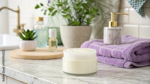 A modern bathroom countertop with a glass jar of cream, a towel and a soap dispenser on a marble surface. A green plant in a ceramic pot adds freshness to a bright and clean environment, reflecting th