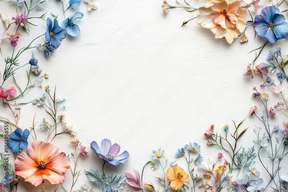 Floral Frame with Pressed Flowers on White Background Floral Frame with Pressed Flowers on White Background