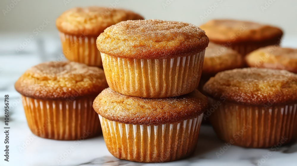 Stack of freshly baked pumpkin spice muffins with golden-brown tops, nestled in crinkled parchment paper, warm and inviting, perfect for autumn enjoyment. Stack of freshly baked pumpkin spice muffins with golden-brown tops, nestled in crinkled parchment paper, warm and inviting, perfect for autumn enjoyment.