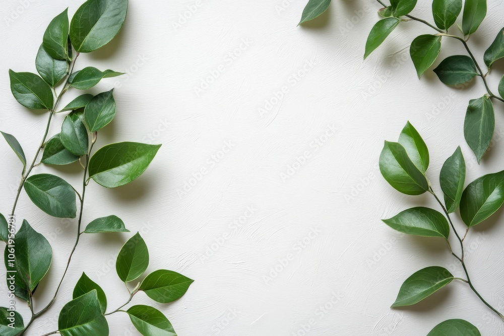 White Background with Green Leaves Border White Background with Green Leaves Border