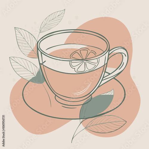 Minimalist Tea Cup Illustration with Lemon and Leaves