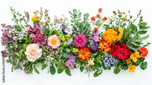 Wallpaper Mural Summer flower garden with colorful blooms and green leaves isolated on white Torontodigital.ca