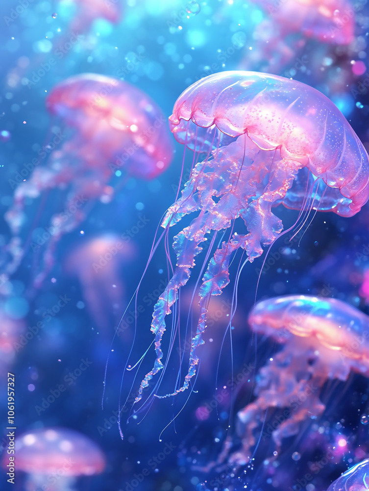 Naklejka premium A mesmerizing underwater scene celebrating World Jellyfish Day, with a vibrant array of jellyfish gracefully floating in the deep blue ocean.