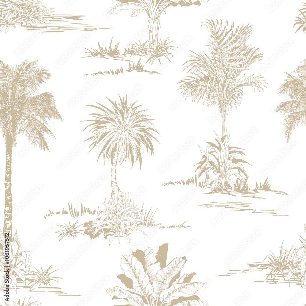 Seamless pattern with tropical palm trees scenery. Toile de Jouy style. Hand drawn vector illustration. Seamless pattern with tropical palm trees scenery. Toile de Jouy style. Hand drawn vector illustration.