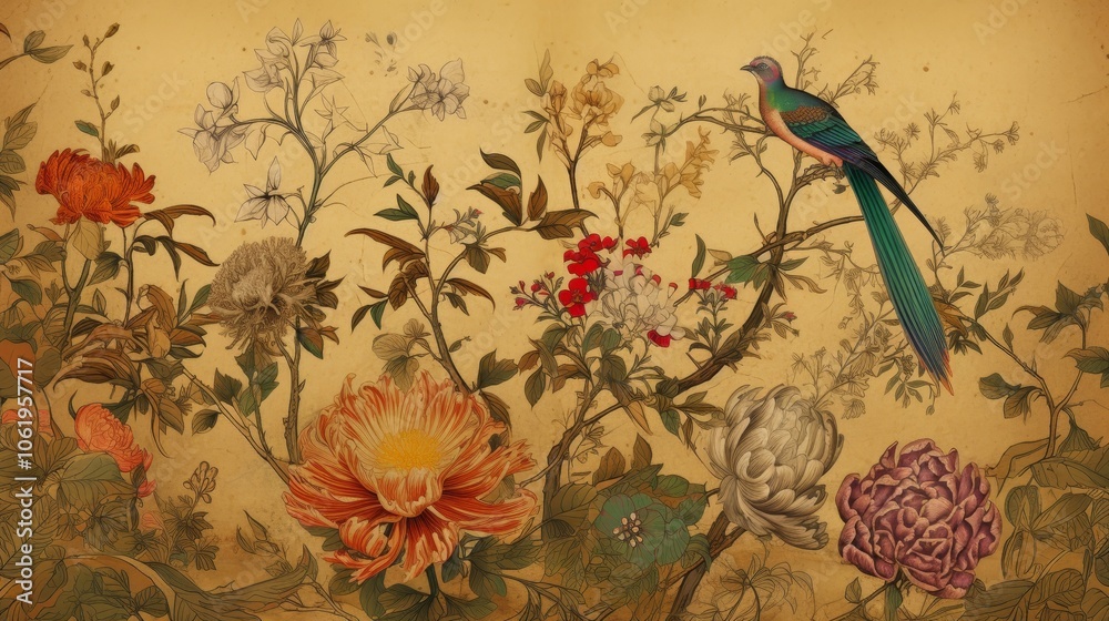 A vibrant illustration featuring various flowers and a colorful bird amidst a natural setting. A vibrant illustration featuring various flowers and a colorful bird amidst a natural setting.