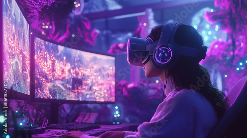 person immersed in virtual reality experience, wearing VR headset and headphones, is surrounded by vibrant, futuristic digital environment with glowing neon lights