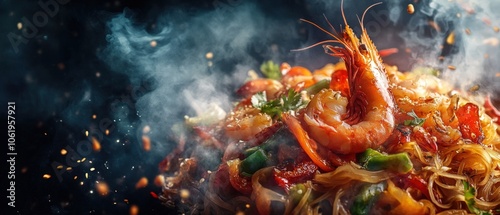 Steaming hot shrimp stir fry with noodles.