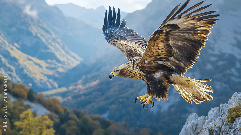 Obraz premium Golden eagle hovering over picturesque valley, sharp talons ready, mountain backdrop 