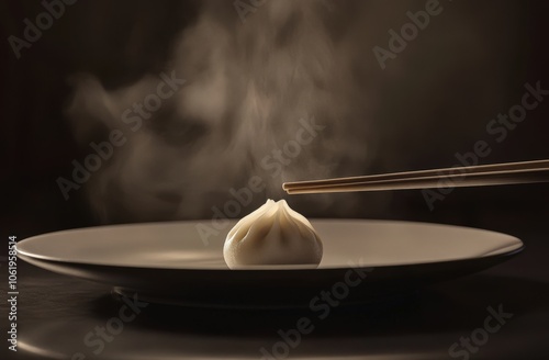 Fototapeta Naklejka Na Ścianę i Meble -  Steaming dumpling on a dark plate with chopsticks