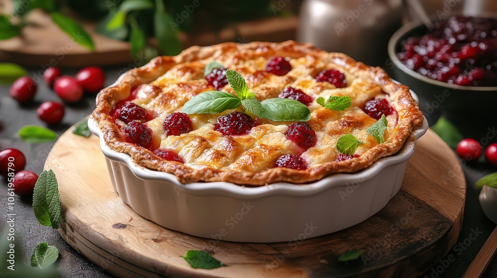 Delicious homemade cherry pie with golden crust, garnished with fresh basil leaves, set on rustic wooden board, ideal for holiday desserts or cozy gatherings. Delicious homemade cherry pie with golden crust, garnished with fresh basil leaves, set on rustic wooden board, ideal for holiday desserts or cozy gatherings.