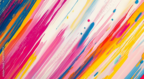 Abstract artwork with diagonal stripes of colorful paint. This unique piece incorporates vibrant pink, blue, yellow, and orange hues, creating a dynamic and eye-catching visual