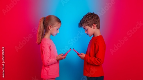 Two children playing an educational game side view, showing competitive scores on their tablets technology tone tetradic color scheme photo