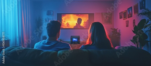 A couple watching a movie with a projector in a cozy living room