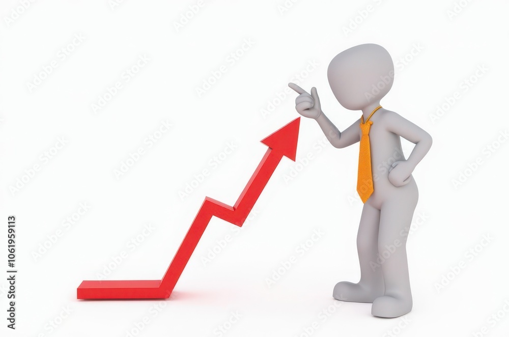3d man red arrow success chart on white background.