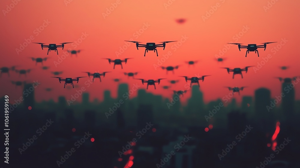 A swarm of delivery drones flying over a city top view showcasing coordinated flight paths futuristic tone analogous color scheme A swarm of delivery drones flying over a city top view showcasing coordinated flight paths futuristic tone analogous color scheme