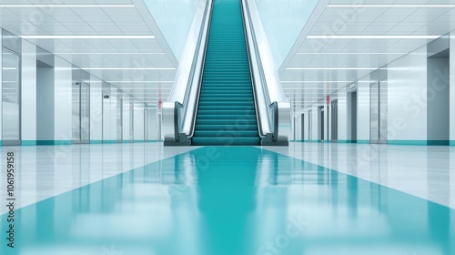 Wallpaper Mural Modern escalator in a sleek, minimalist interior with polished floors and turquoise accents. Torontodigital.ca