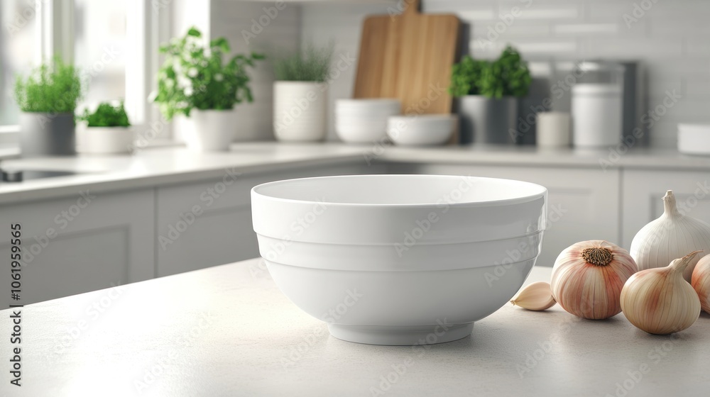 A white bowl on a kitchen countertop with onions and a wooden cutting board in the background. A white bowl on a kitchen countertop with onions and a wooden cutting board in the background.