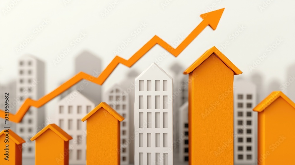 Stylized graph showing upward trend with building icons representing growth and success in the urban environment.