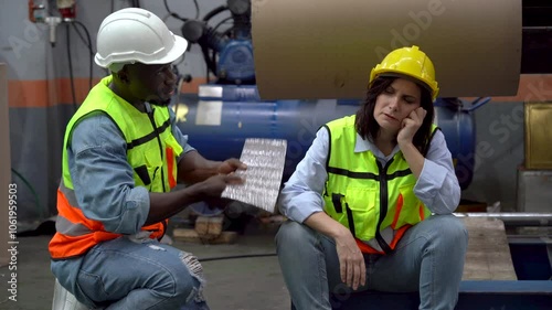 caucasian worker factory woman had accident fainting to hot weather and fall sitting to floor African American engineer man helping to first aid in industrial manufacturing factory. group of diversity