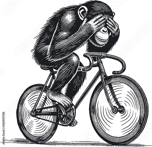 monkey riding a bicycle style hand drawn ink vector