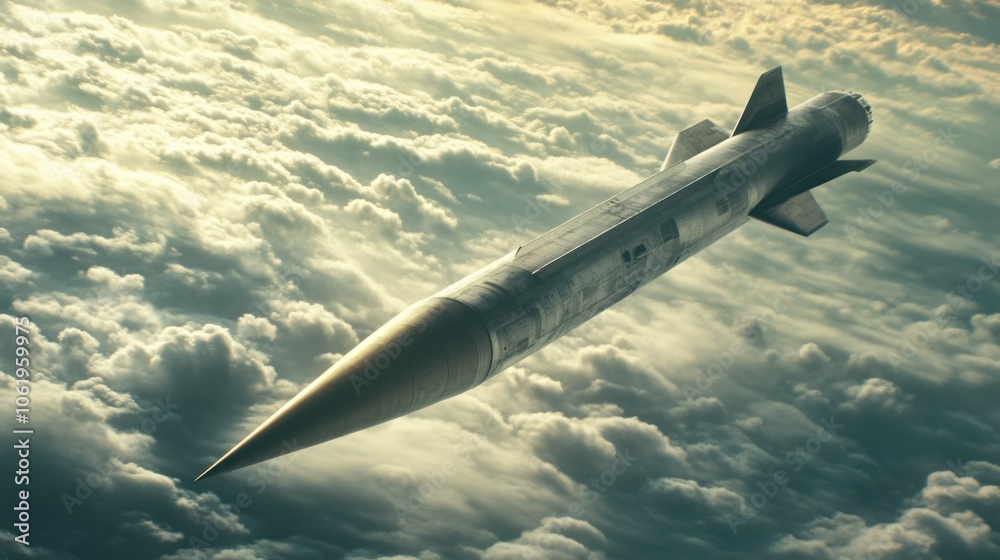 Fototapeta premium Tactical missile with pointed warhead, showcasing advanced engineering, on a cloudy background