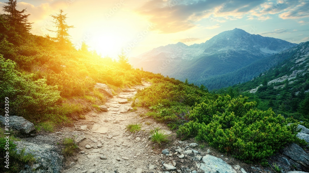 A scenic mountain landscape at sunrise with a winding path through lush greenery. A scenic mountain landscape at sunrise with a winding path through lush greenery.