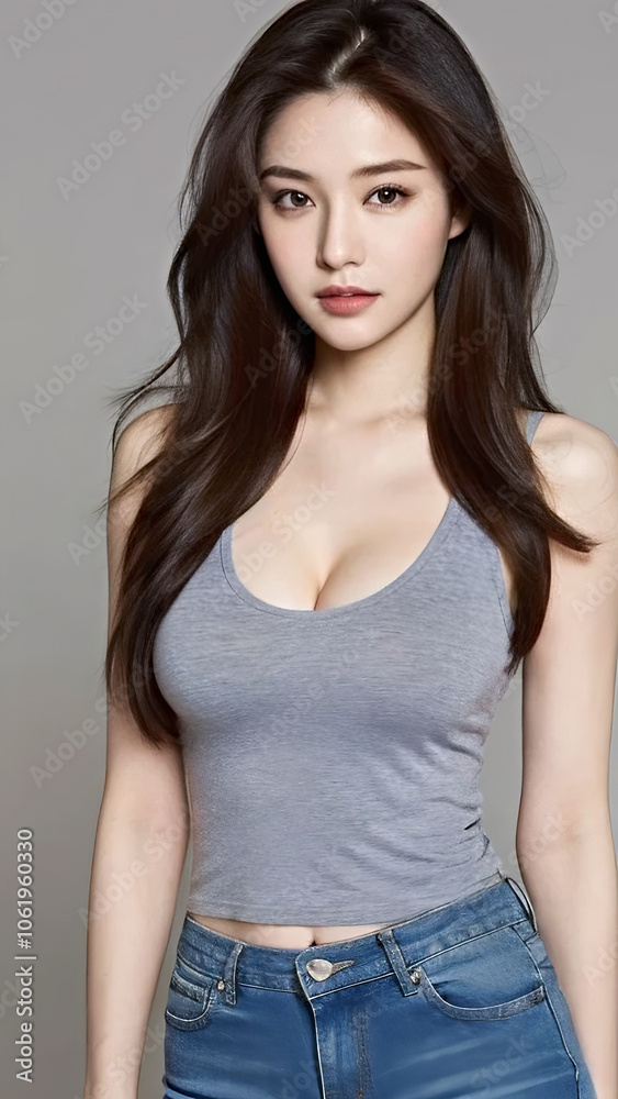 Close-Up Portrait of an Asian Woman with a Perfect Body, Beautiful Facial Features, Long Hair, Wearing a Tank Top and Jeans. Close-Up Portrait of an Asian Woman with a Perfect Body, Beautiful Facial Features, Long Hair, Wearing a Tank Top and Jeans.