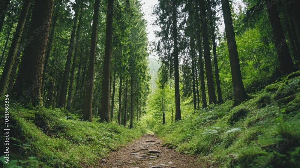A serene forest path surrounded by tall trees and lush greenery. A serene forest path surrounded by tall trees and lush greenery.