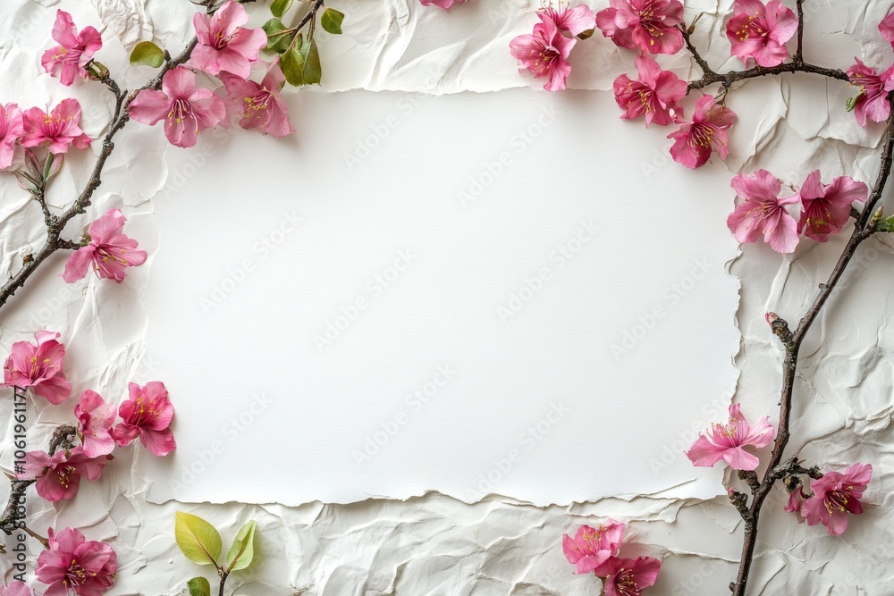 Pink Flowers Frame on White Textured Background Pink Flowers Frame on White Textured Background