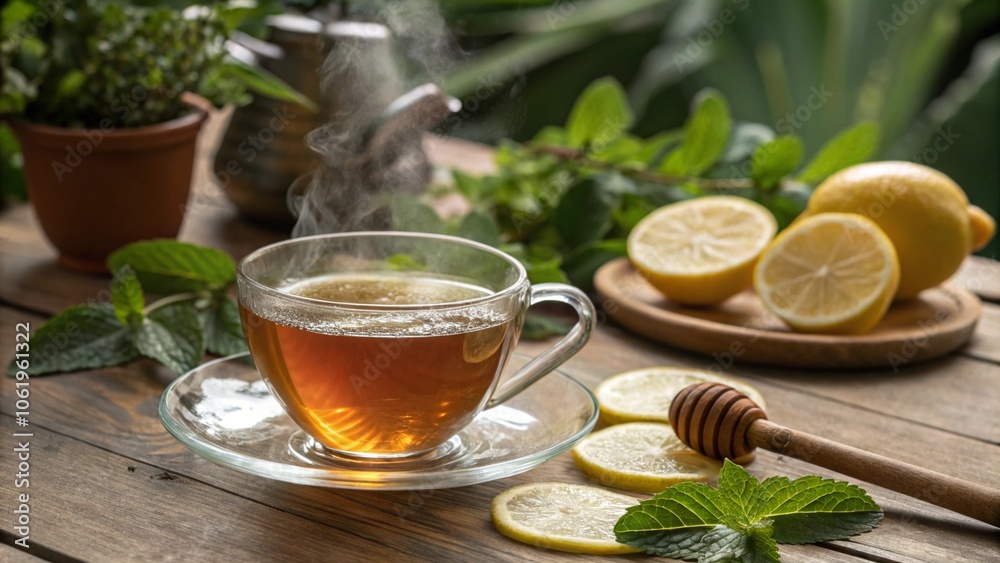 A steaming cup of tea with lemon slices, honey dipper, and fresh mint on a rustic wooden table, surrounded by greenery. The warm, inviting setup emphasizes relaxation and natural ingredients in a cozy A steaming cup of tea with lemon slices, honey dipper, and fresh mint on a rustic wooden table, surrounded by greenery. The warm, inviting setup emphasizes relaxation and natural ingredients in a cozy