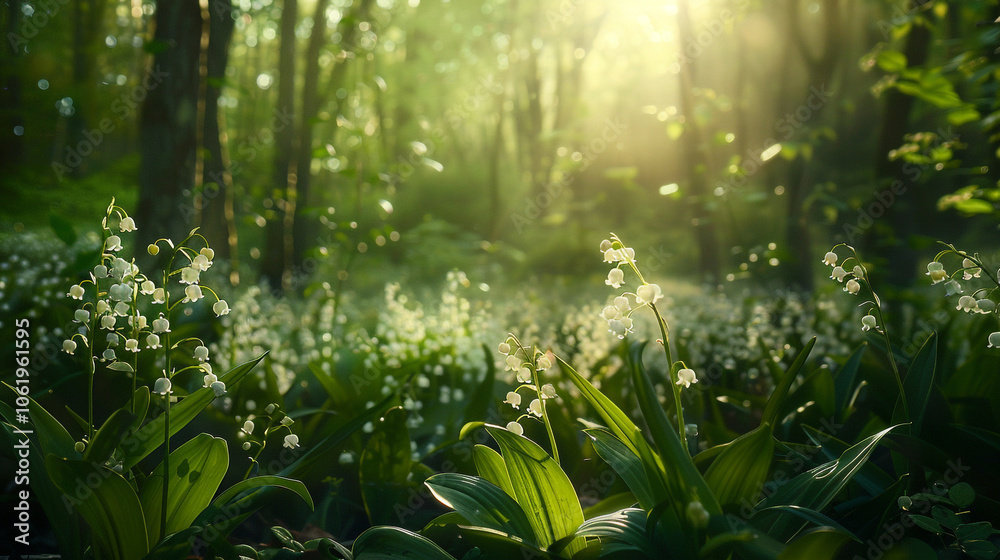 Obraz premium A lush green forest with a lot of flowers and leaves. The sunlight is shining through the trees, creating a peaceful and serene atmosphere. 