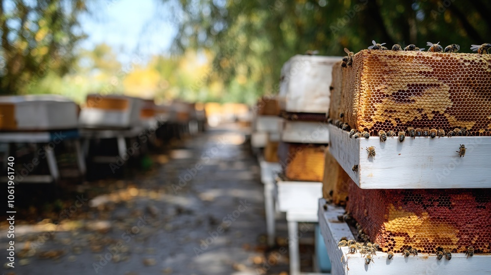 Row of beehives in an orchard during autumn. Row of beehives in an orchard during autumn.