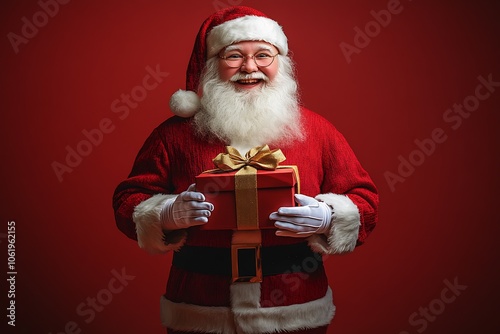 Joyful Santa Claus in Red Robe Holding Gift Box with Golden Ribbon : Generative AI