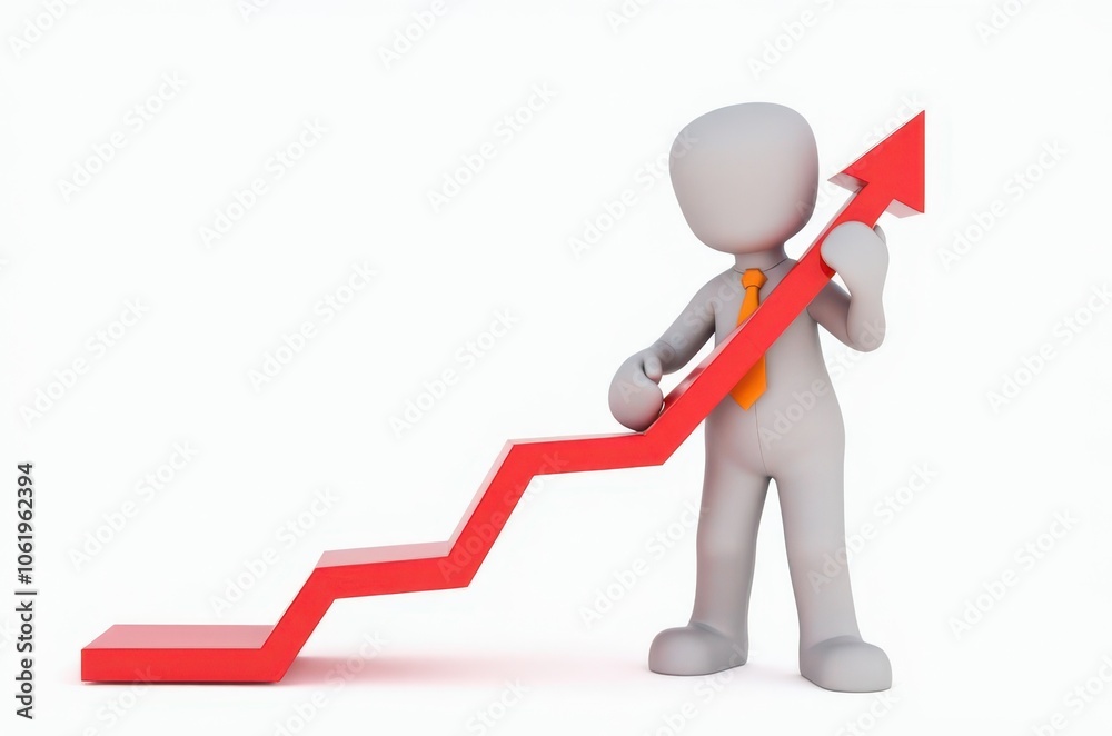 3d man red arrow success chart on white background.