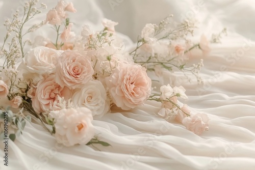 Soft Pastel Pink and White Roses on Creamy Draped Fabric