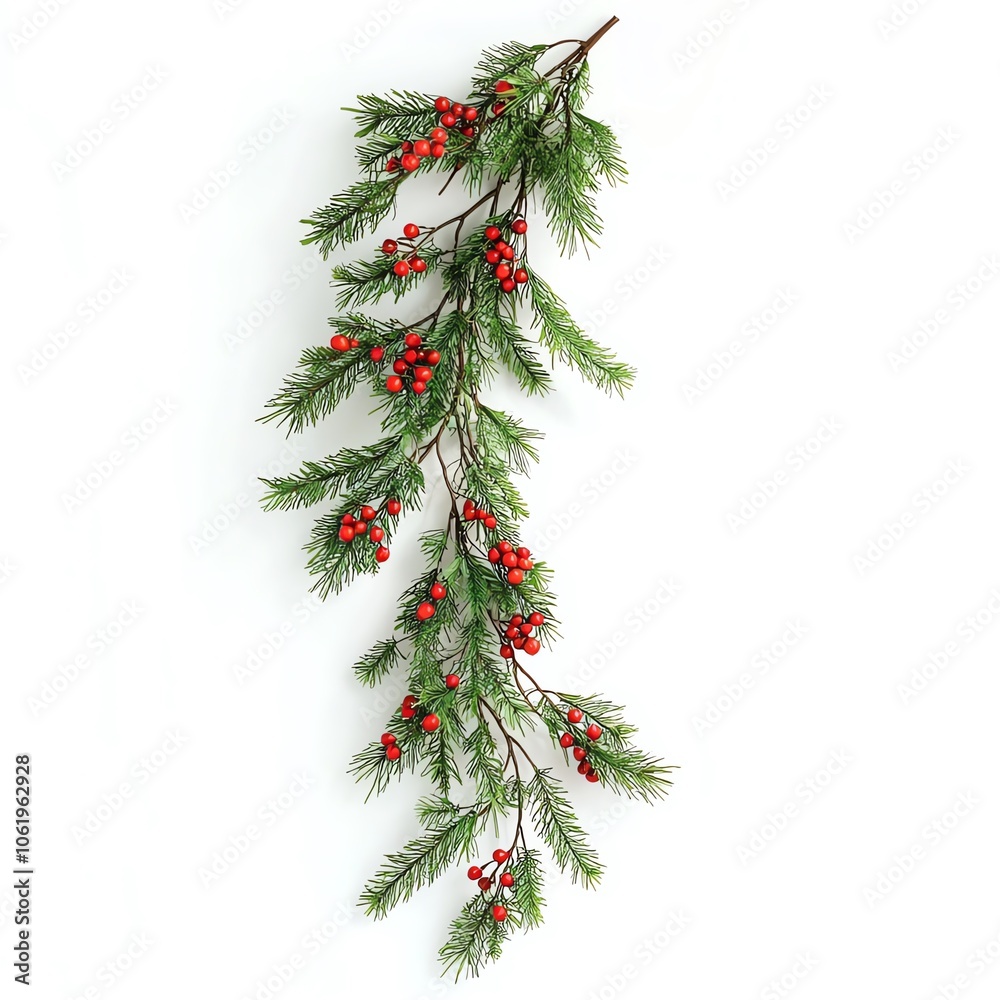 Fototapeta premium Evergreen branch with red berries on white isolate background