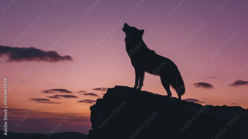 Howling Wolf Silhouette on a Cliff at Sunset Howling Wolf Silhouette on a Cliff at Sunset