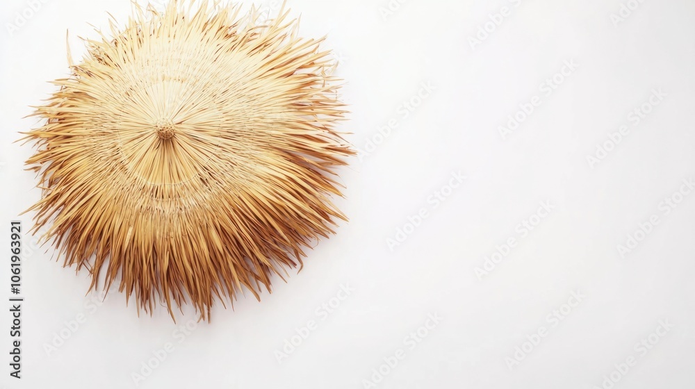 Fototapeta premium Tropical style straw umbrella with frayed edges on plain white background