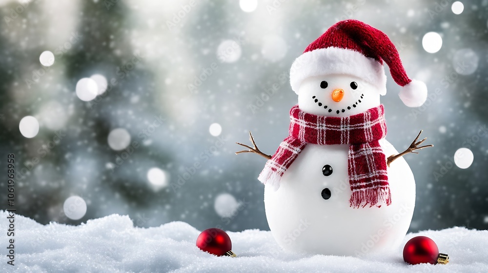 Cute Christmas Snowman in Red Hat and Checkered Scarf with Snow-Covered Background and Festive Ornaments : Generative AI Cute Christmas Snowman in Red Hat and Checkered Scarf with Snow-Covered Background and Festive Ornaments : Generative AI
