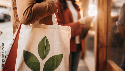 A person holds a reusable tote bag with a green leaf design, promoting eco-friendly shopping habits and sustainability.
