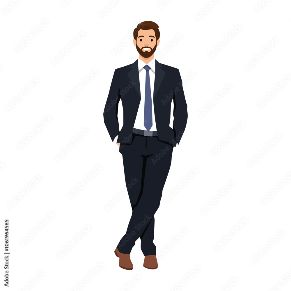Businessman in dark suit standing with hands in pockets. Flat vector illustration isolated on white background Businessman in dark suit standing with hands in pockets. Flat vector illustration isolated on white background