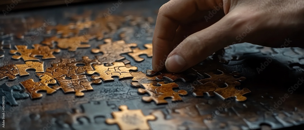 Detailed closeup of a hand working on a challenging abstract jigsaw puzzle, signifying critical thinking and problemsolving in a business context Detailed closeup of a hand working on a challenging abstract jigsaw puzzle, signifying critical thinking and problemsolving in a business context