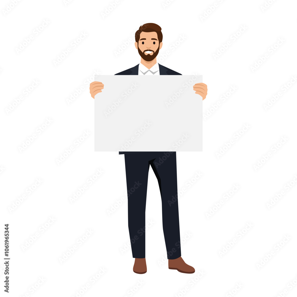 Young businessman with a billboard in his hands. Flat vector illustration isolated on white background Young businessman with a billboard in his hands. Flat vector illustration isolated on white background