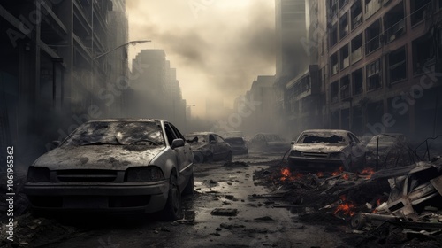 A haunting, dystopian scene with black smoke from vehicles enveloping a deserted, crumbling cityscape, emphasizing the severity of unchecked pollution and neglect. photo