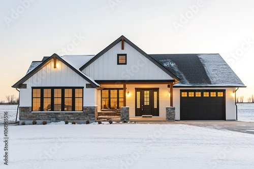 Modern house with lights on at dusk, winter setting