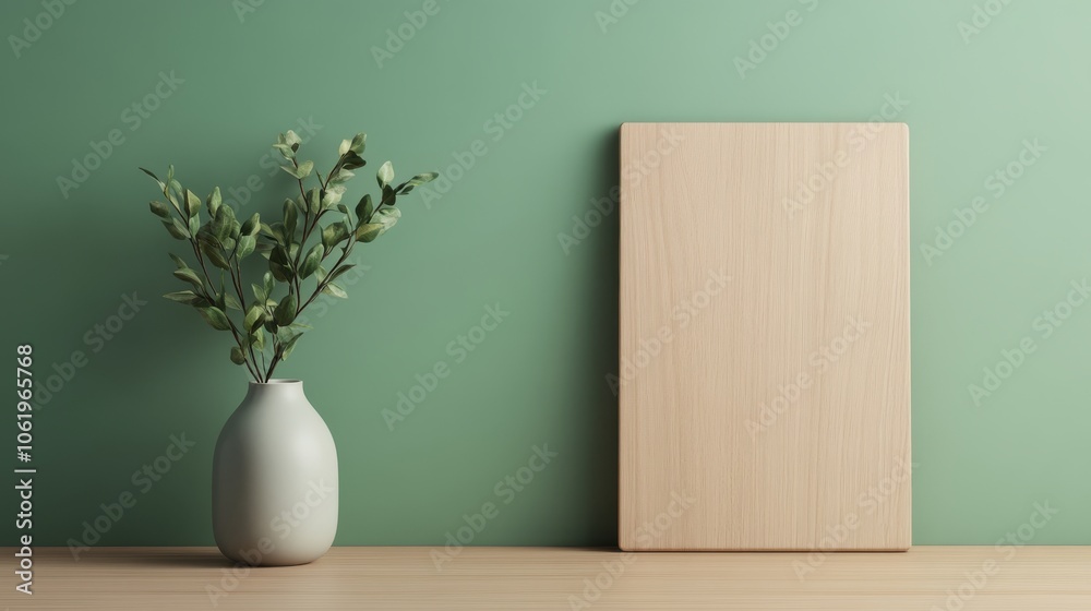 Fototapeta premium A minimalist scene featuring a wooden board, a ceramic vase with greenery, and a soft green wall, creating a serene atmosphere.