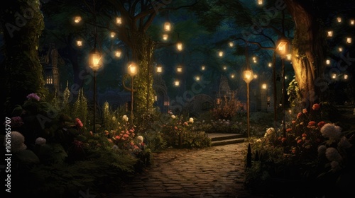 A hidden garden at dusk, where the only light comes from glowing fireflies, casting small, flickering lights that dance in the shadows of towering trees.