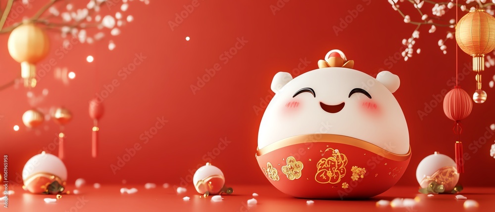 Endearing 3D dumpling character in a festive pose, with a bright red background featuring Chinese New Year decorations and elements Endearing 3D dumpling character in a festive pose, with a bright red background featuring Chinese New Year decorations and elements