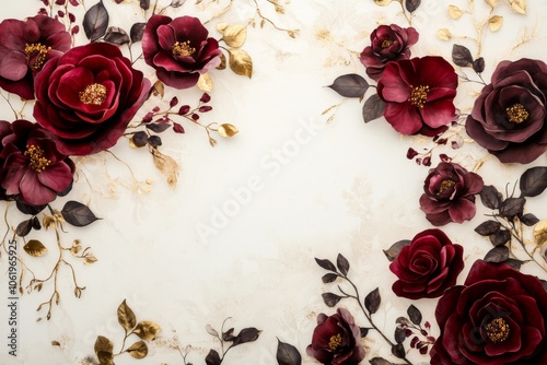 Burgundy Flowers with Gold Foliage Frame White Background