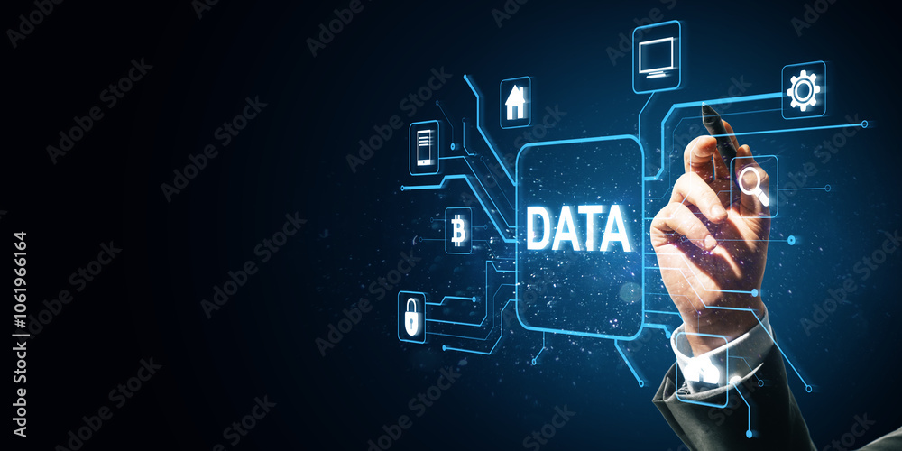 Hand touching virtual data interface with digital icons on dark background. Hand touching virtual data interface with digital icons on dark background.